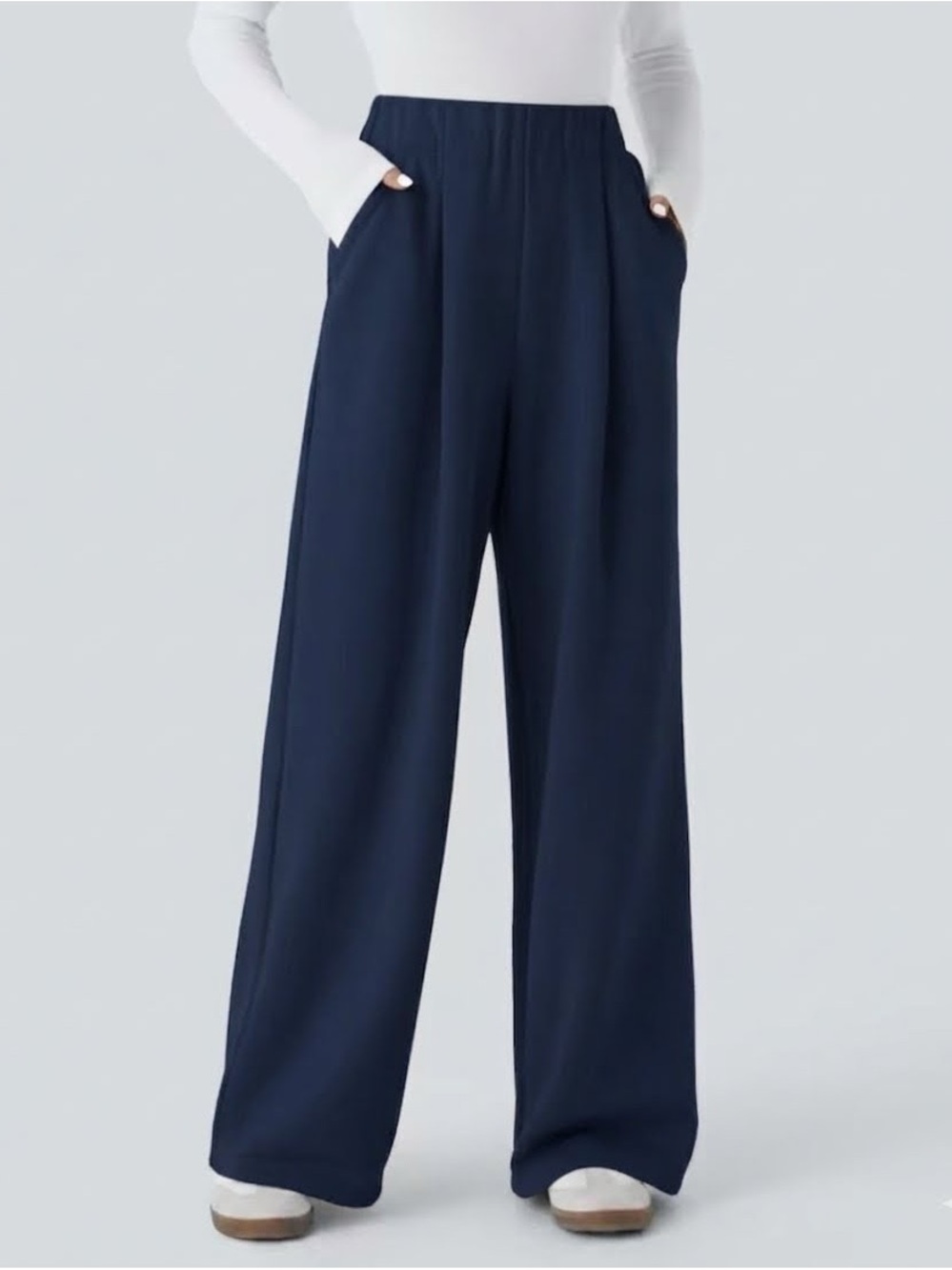 HALARA Navy Blue Dress Work Pants Wide Leg Waffle Knit Stretch Sz Medium Petite